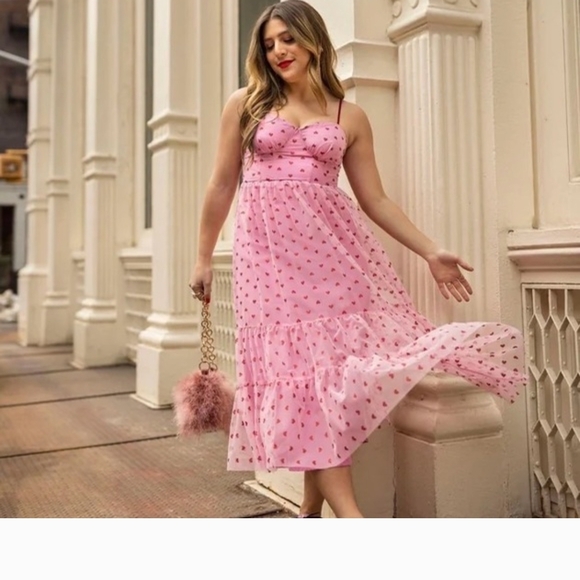Betsey Johnson Dresses & Skirts - Betsey Johnson Pink Midi Sundress with Demi Cups and Heart Glitter Print